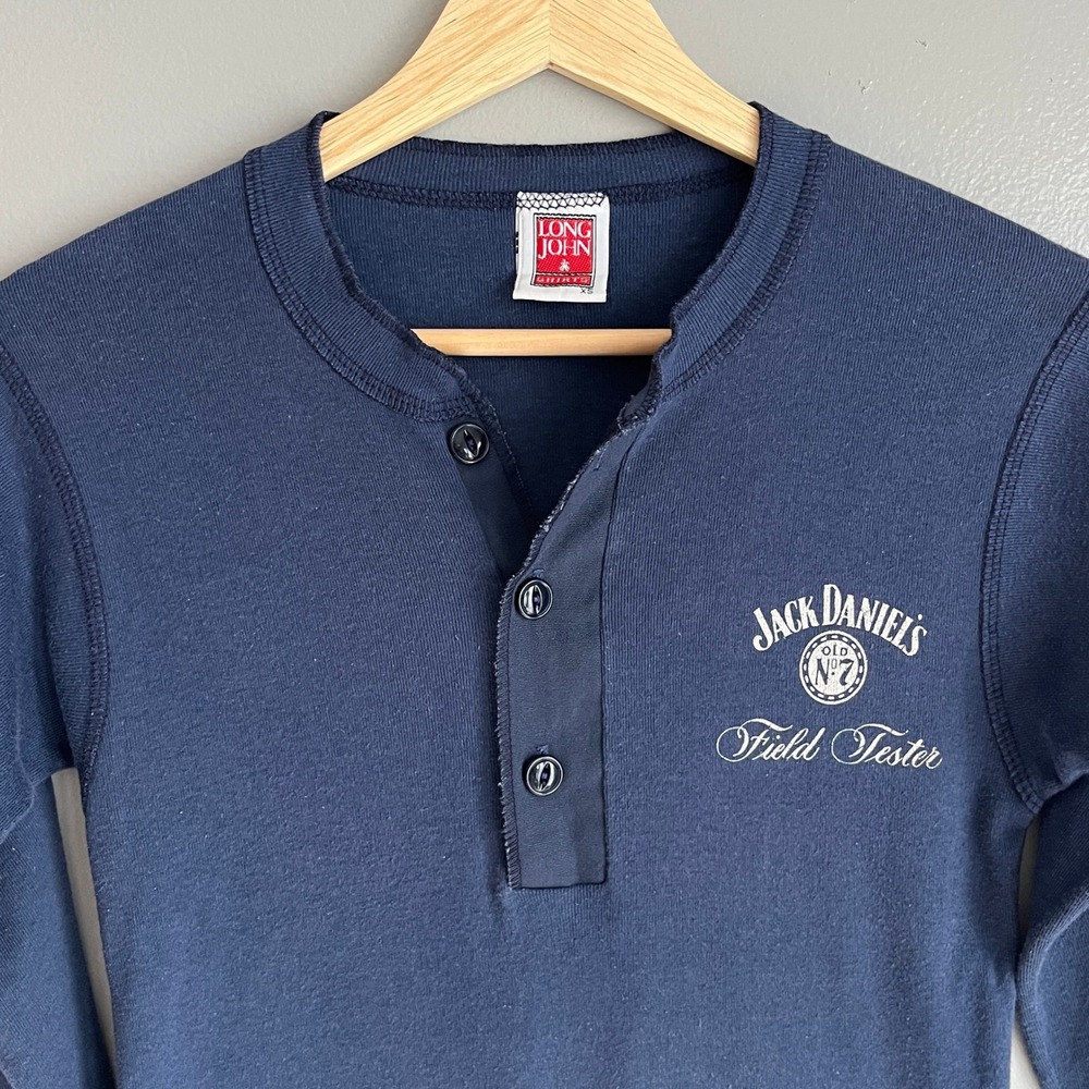 Vintage Jack Daniels Field Tester Henley Shirt Long John Navy Blue Mens XS